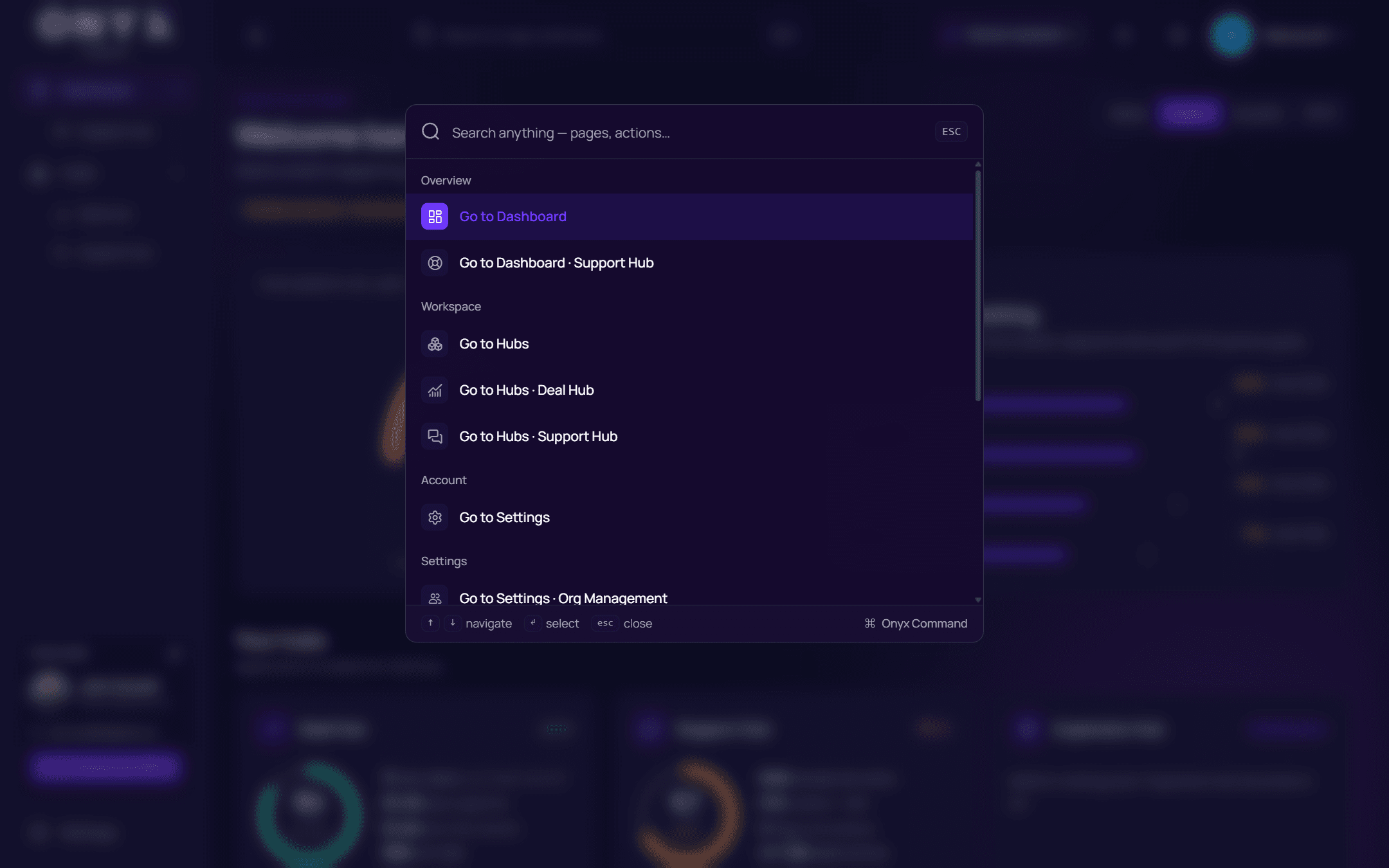The command palette open over the dashboard