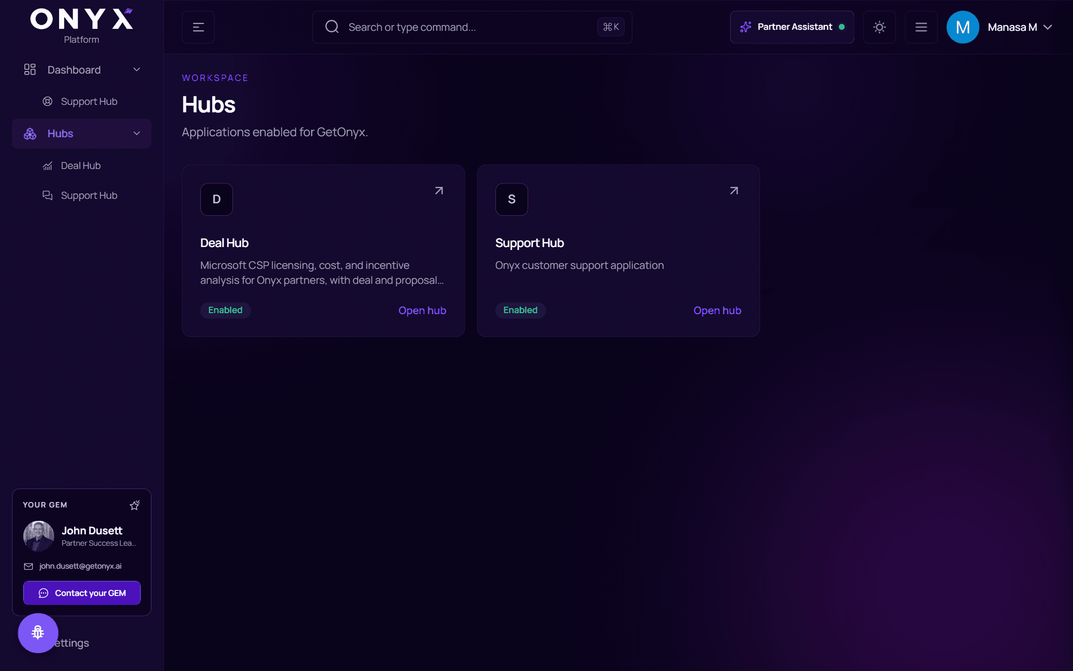 The Hubs page with Deal Hub and Support Hub cards, each Enabled with an Open hub link