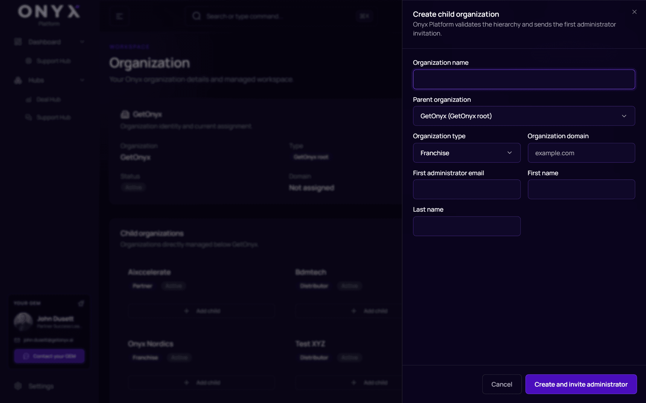 The create child organisation form
