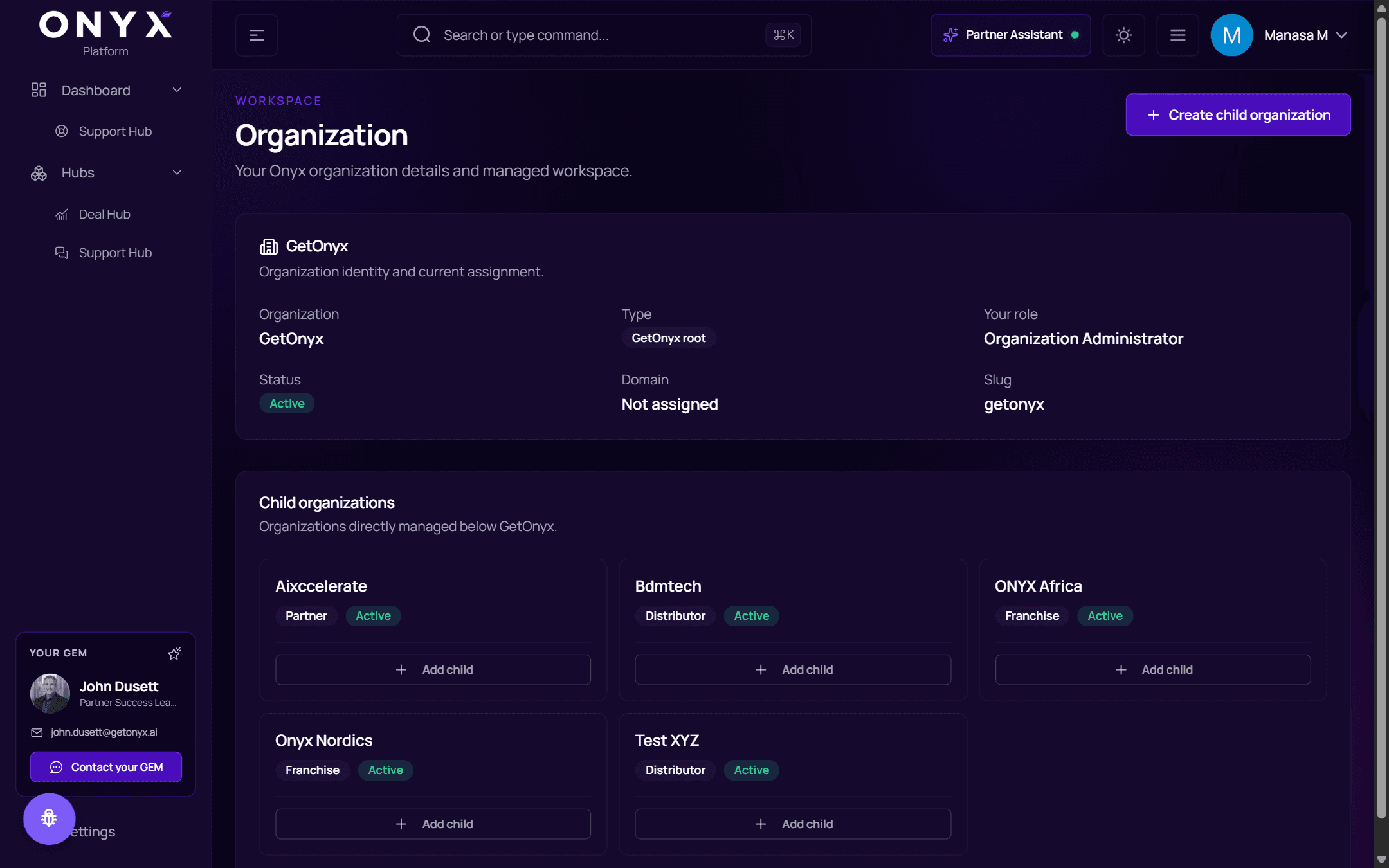 The Organization page with organisation details and a grid of child organisations