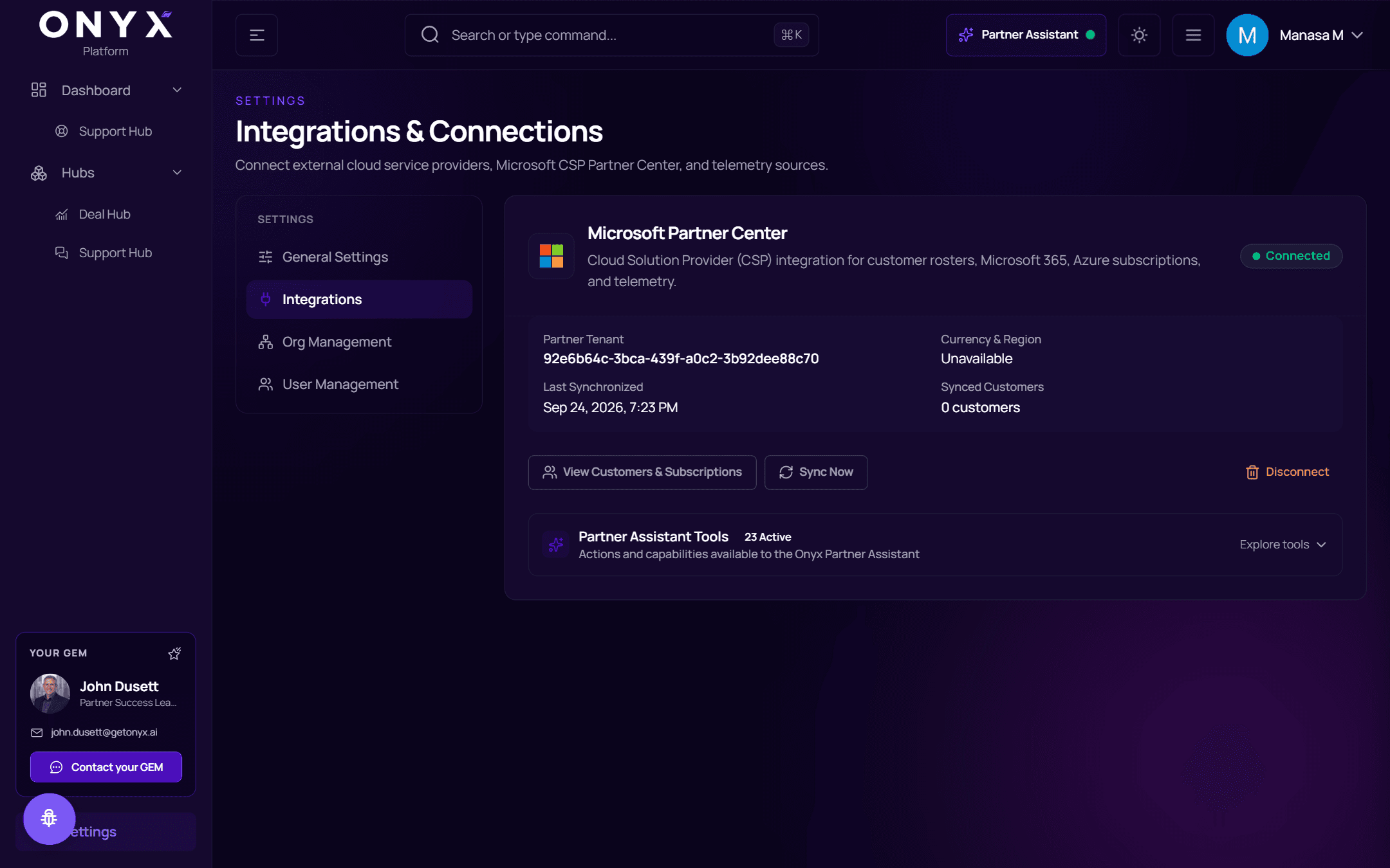 Integrations & Connections with the Microsoft Partner Center card showing Connected