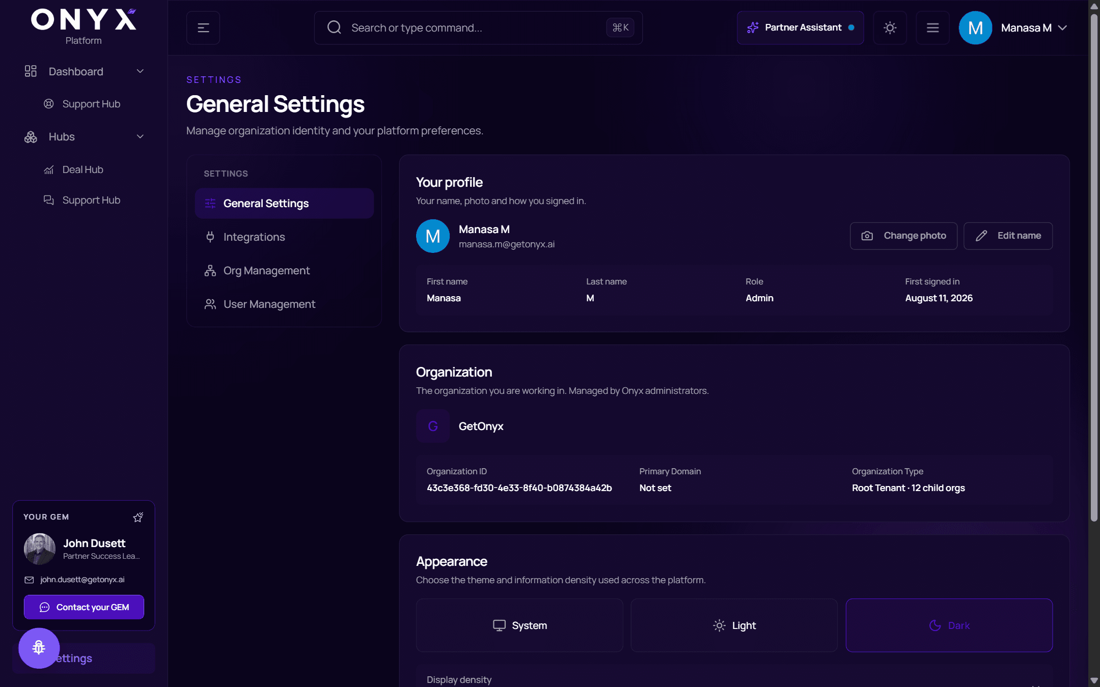 General Settings showing Your profile, Organization and Appearance