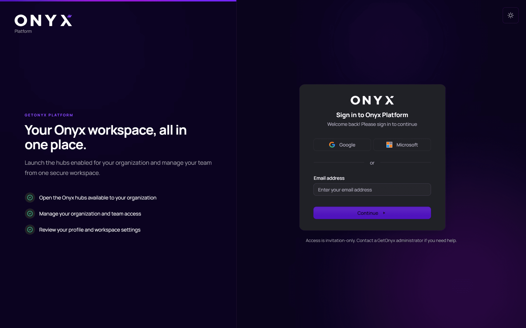 The Sign in to Onyx Platform page with Google and Microsoft buttons and an email address field