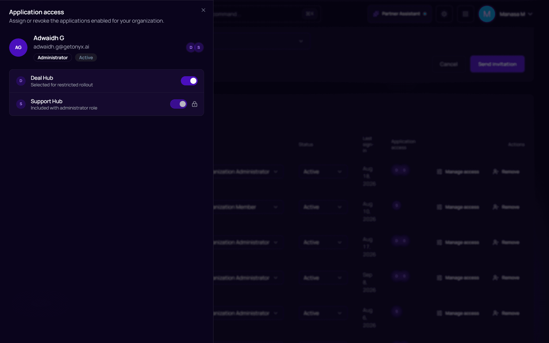 The Application access panel with toggles for Deal Hub and Support Hub
