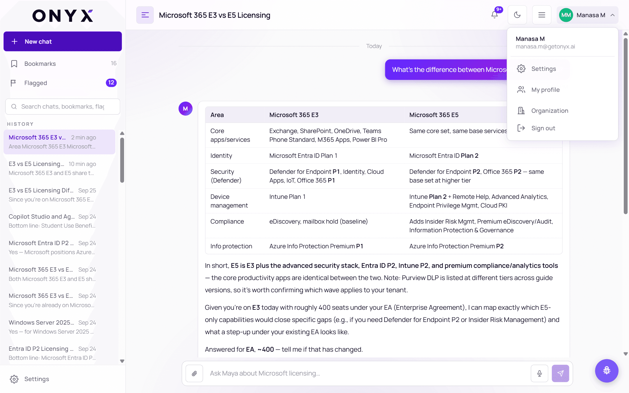 The account menu open under the user's name