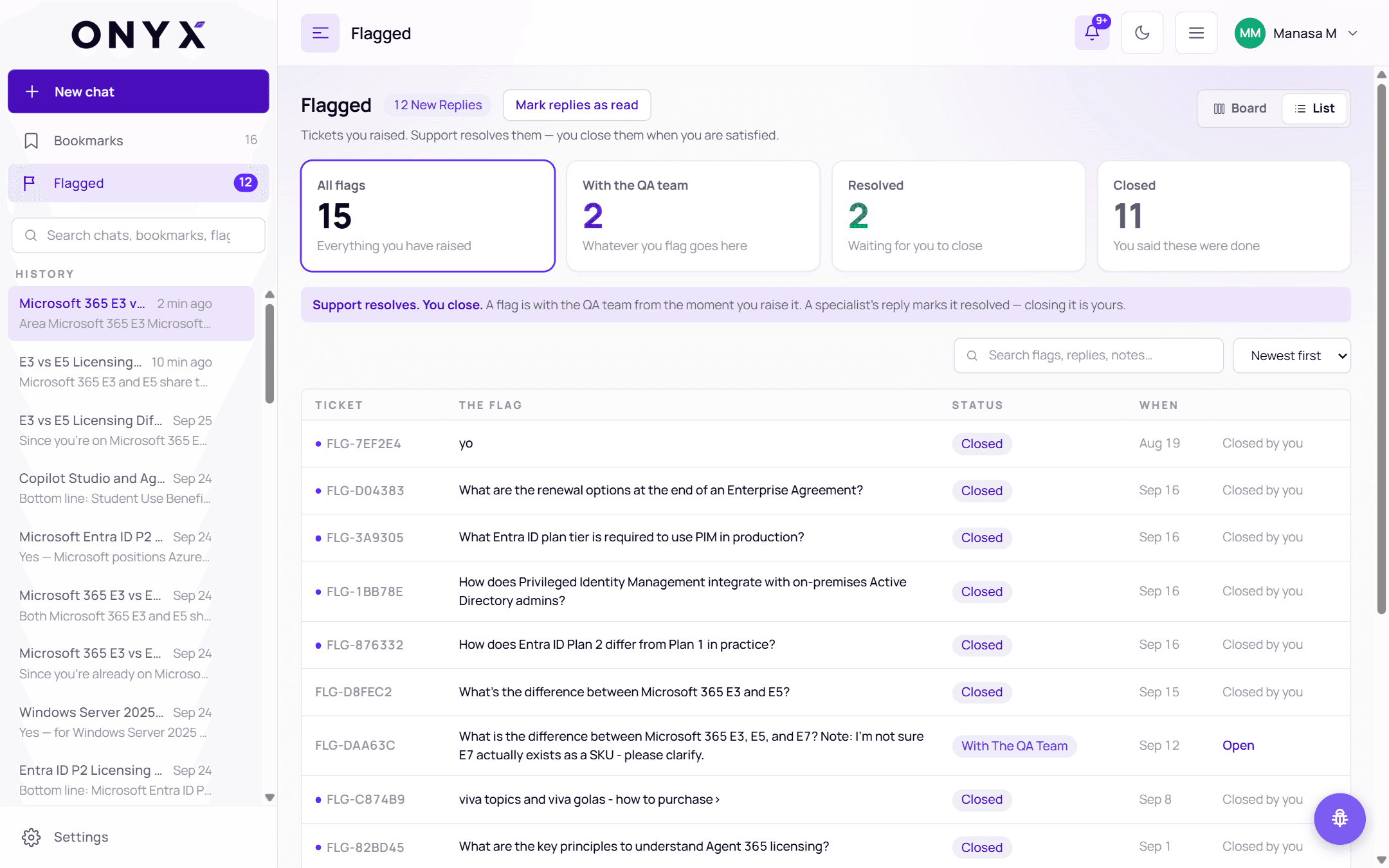The Flagged page in List layout