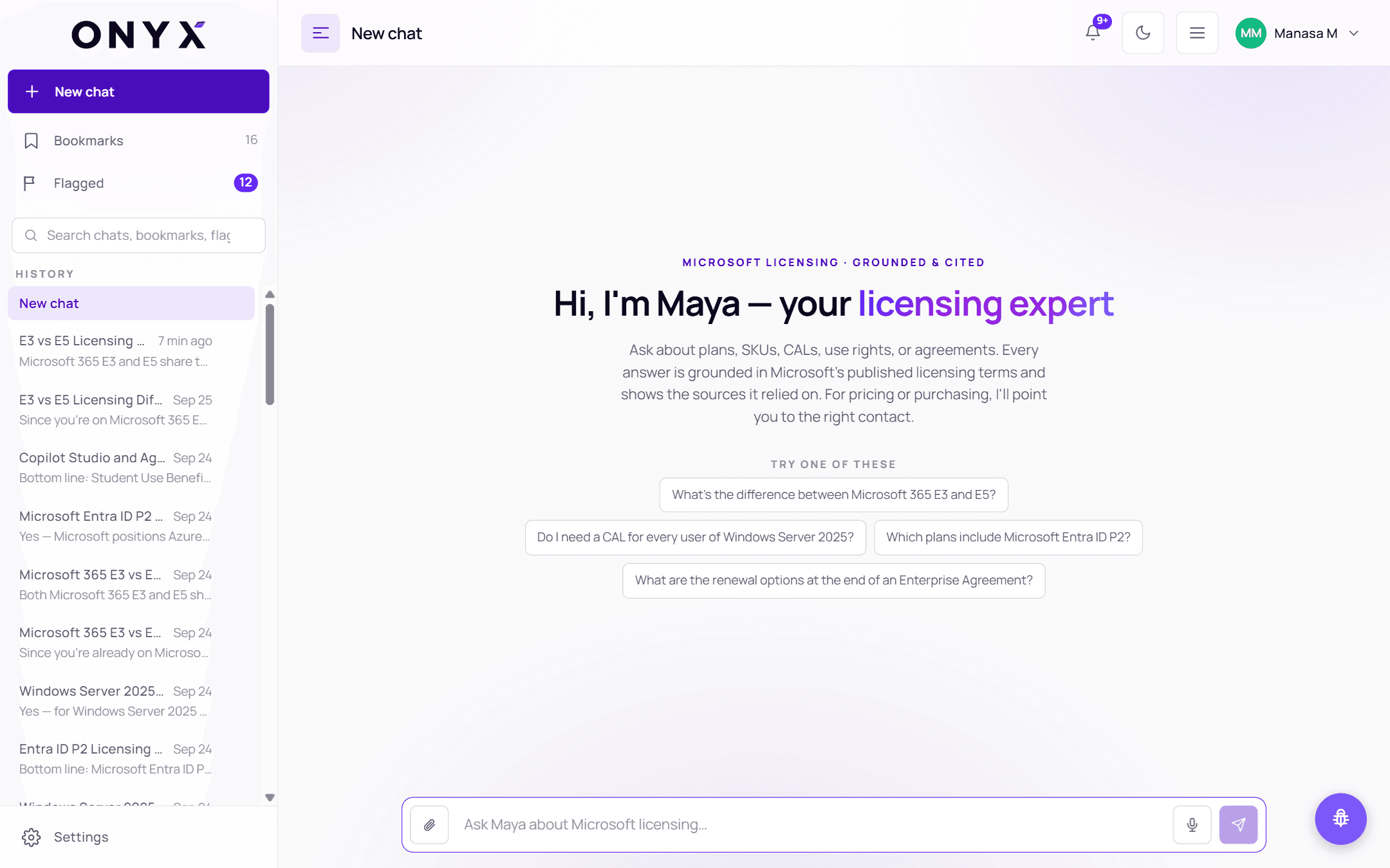 SupportHub with the sidebar on the left, Maya's welcome and suggested questions in the middle, and the composer at the bottom