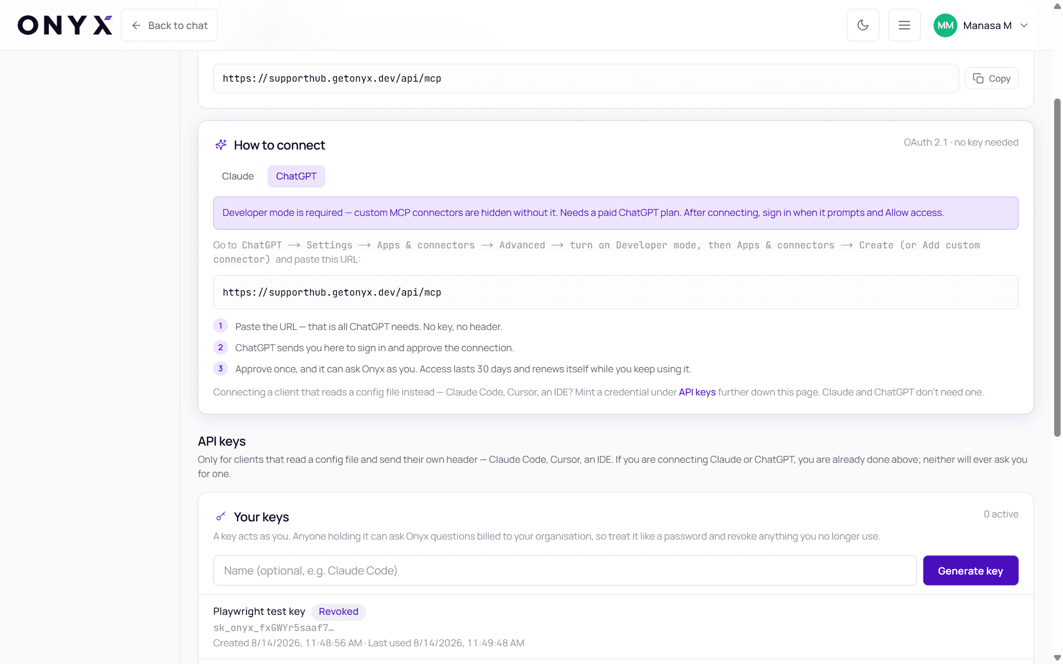 The API keys section with Your keys, a name box and Generate key