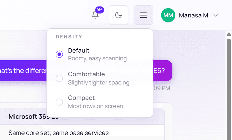 The Density menu open from the header with Default, Comfortable and Compact