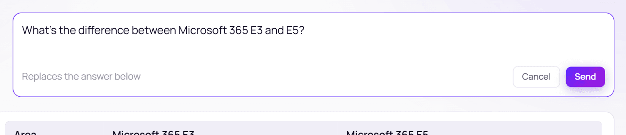 Editing a question in place, with Replaces the answer below, Cancel and Send