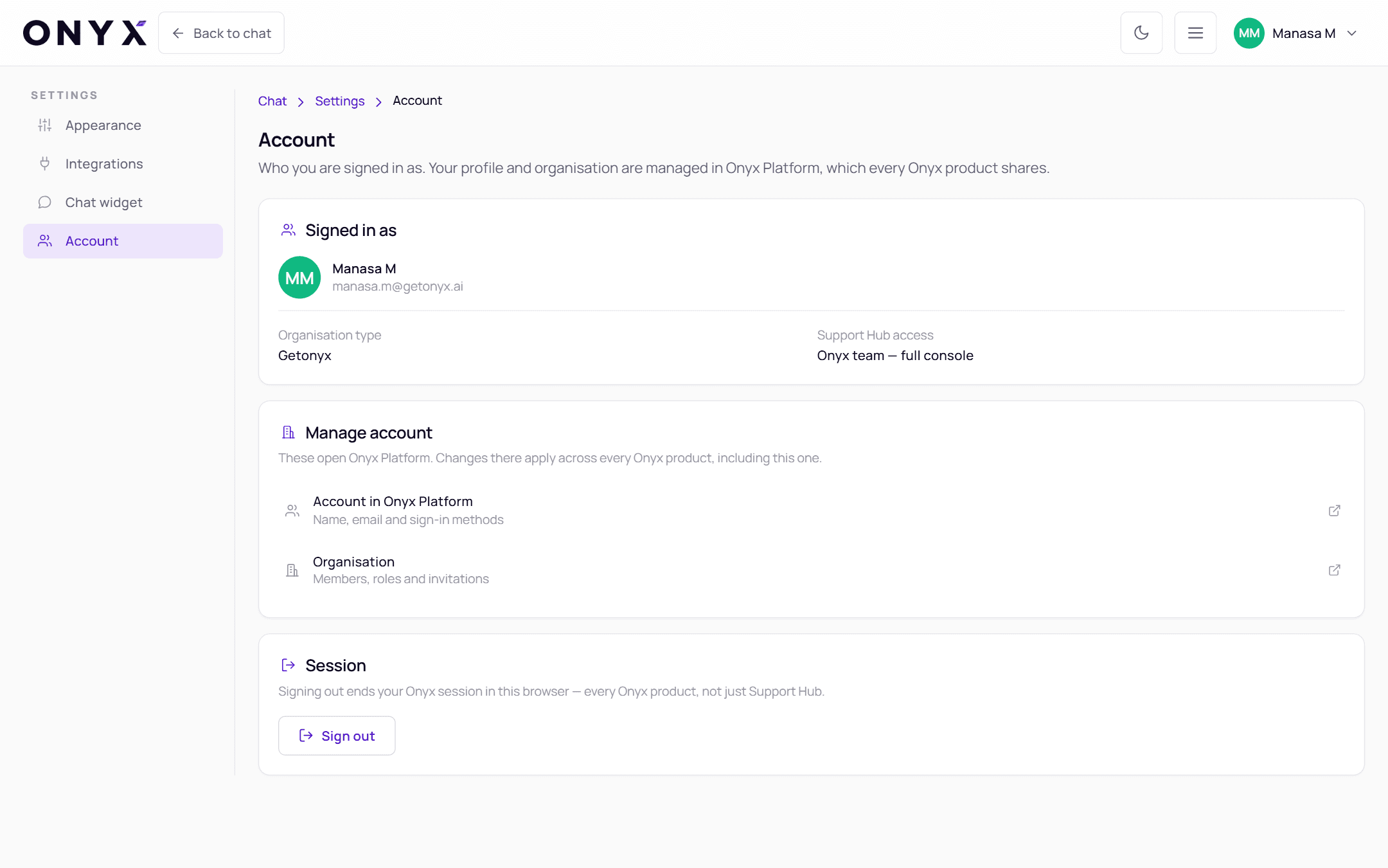 Settings, Account page showing who you are signed in as, links to Onyx Platform and the session section