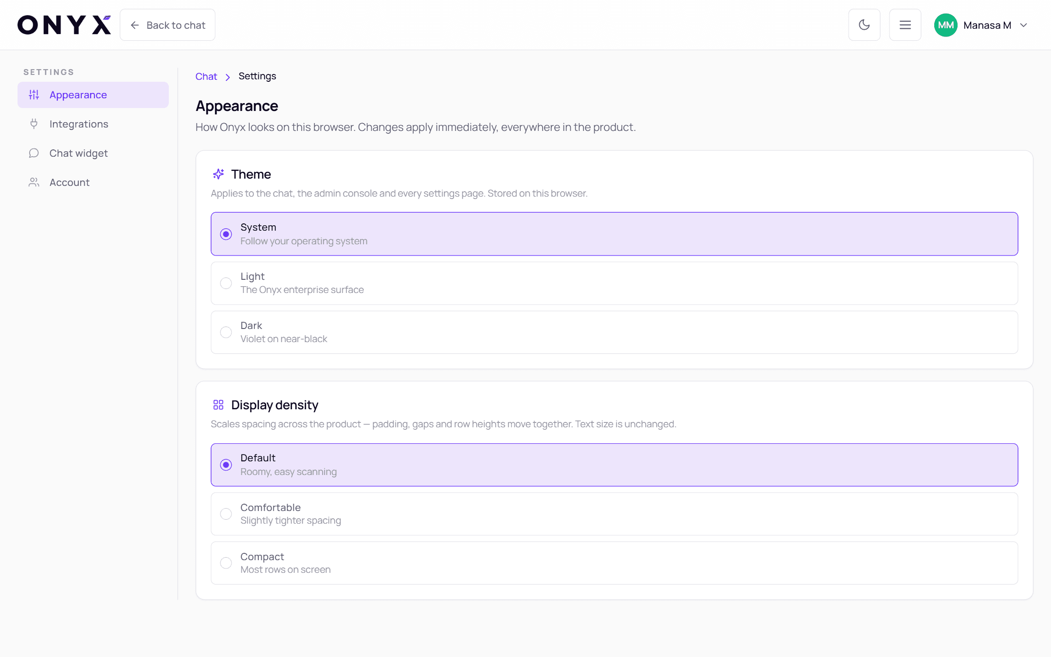 Settings, Appearance page with theme and display density options
