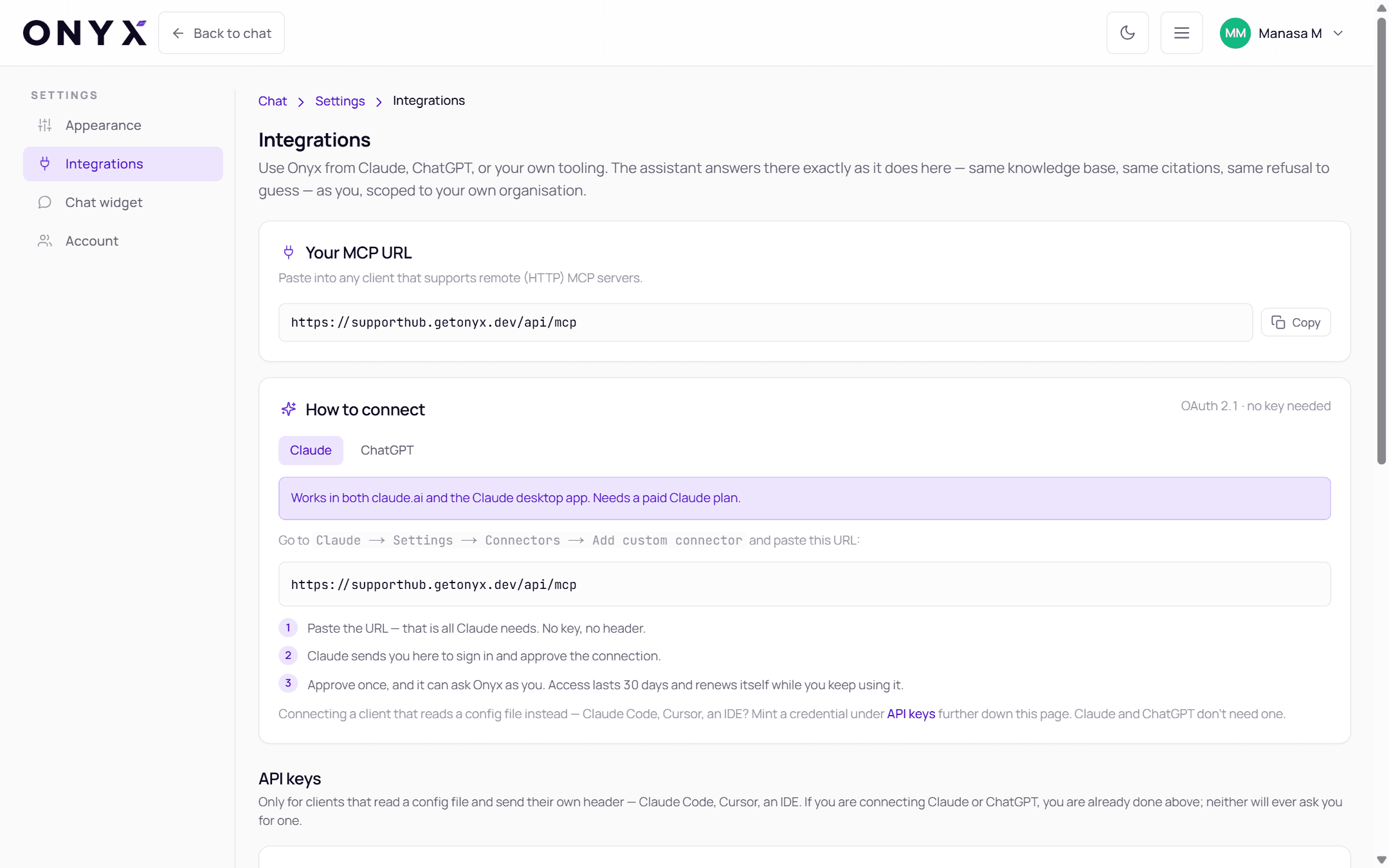 Settings, Integrations page showing Your MCP URL and How to connect with Claude and ChatGPT tabs