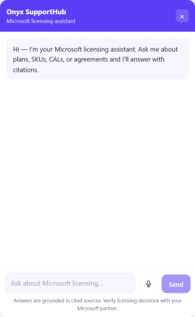 The widget chat window with its header, welcome message, message box, microphone and Send button