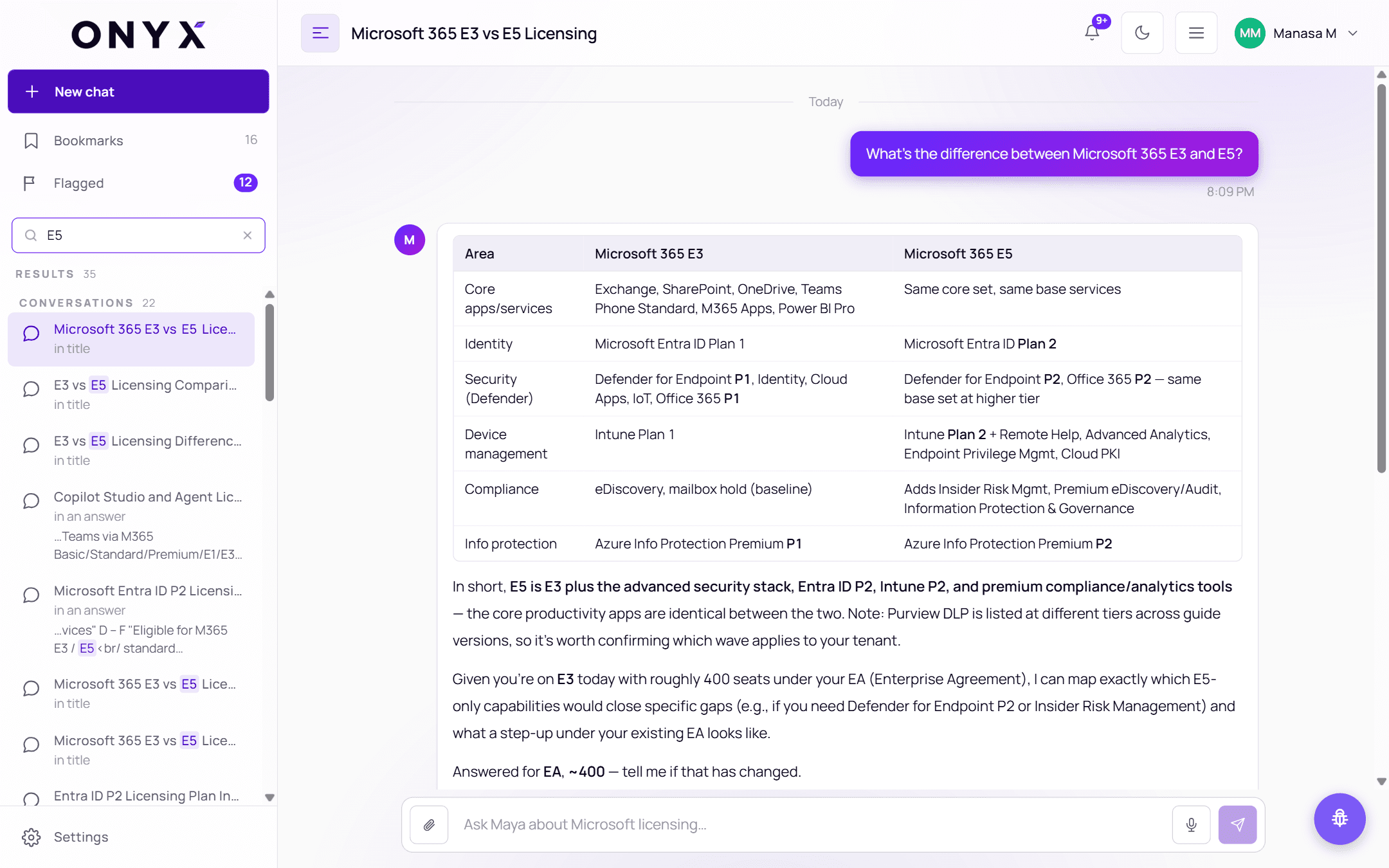 Search results in the sidebar for E5, grouped under Conversations, with matches highlighted