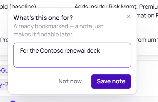 The What is this one for panel with a note typed and Save note and Not now buttons