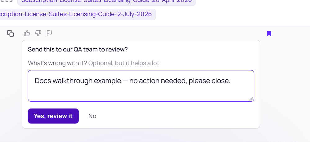 The flag panel under an answer with a note typed and Yes, review it and No buttons