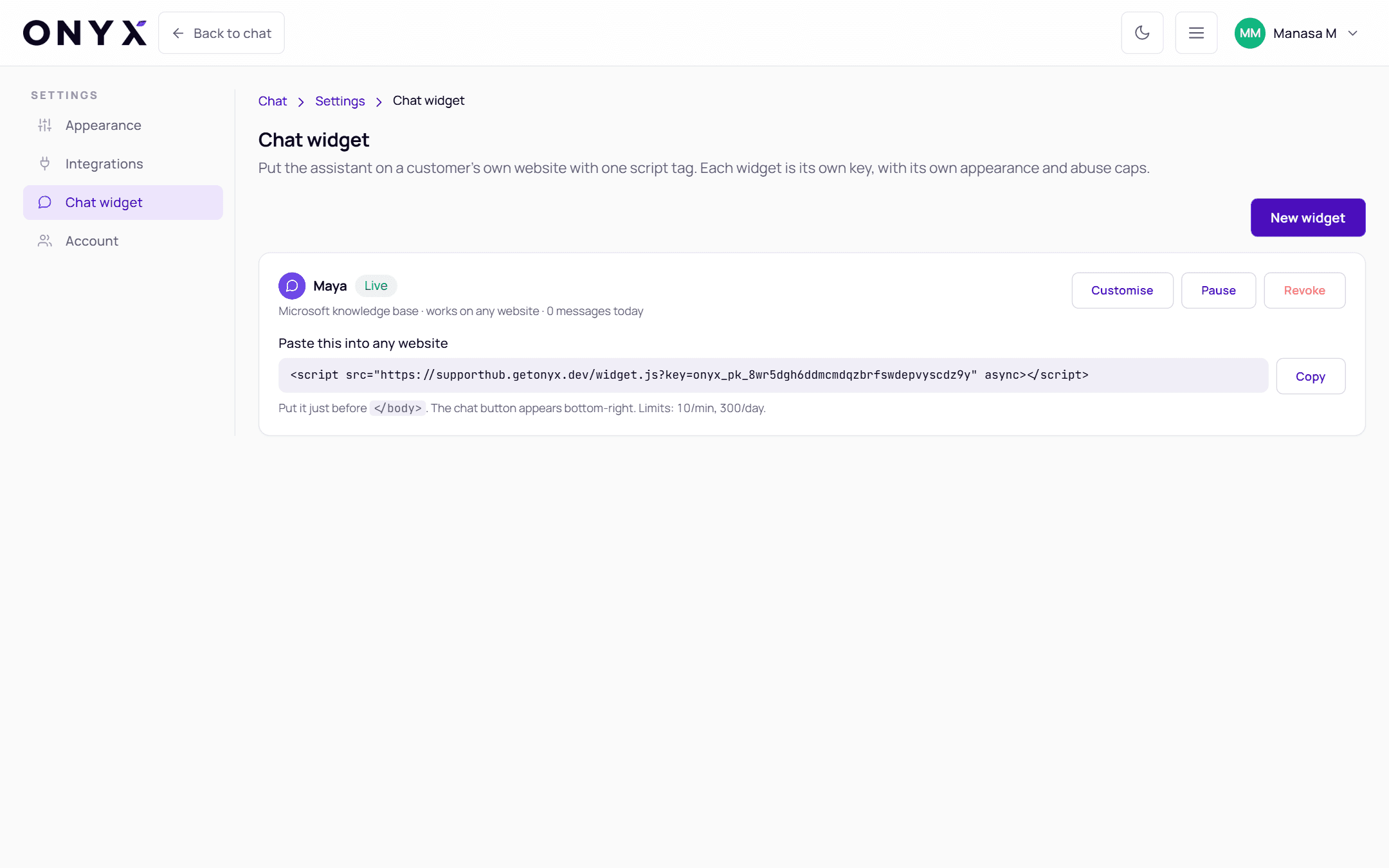 Settings, Chat widget page with a live widget card showing its snippet